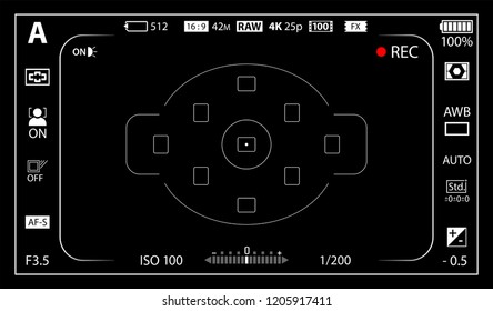 Modern digital video camera focusing screen with settings template. Black viewfinder mirrorless, DSLR or cameraphone camera recording. Vector illustration