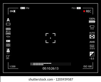 Modern digital video camera focusing screen with settings template. Black viewfinder mirrorless, DSLR or cameraphone camera recording. Vector illustration