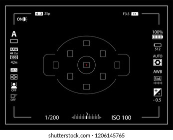 Modern digital video camera focusing screen with settings template. Black viewfinder mirrorless, DSLR or cameraphone camera recording. Vector illustration