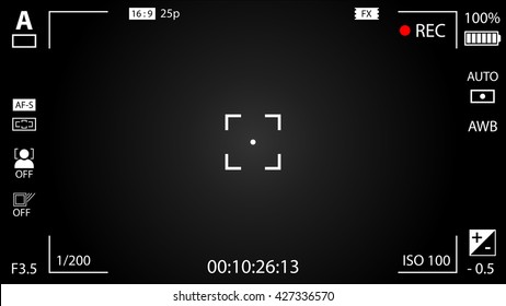 Modern digital video camera focusing screen with settings. Black gradient viewfinder camera recording. Vector illustration