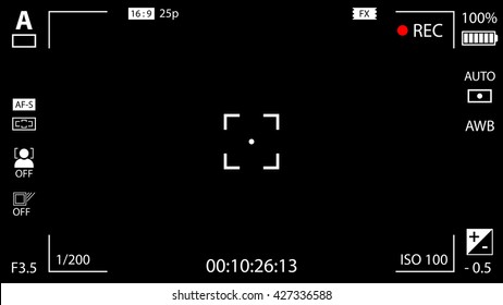 Moderner digitaler Videokamera-Fokussierbildschirm mit Einstellungen. Schwarzer Sucher Kamera Aufnahme. Vektorgrafik