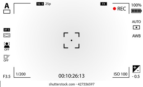 Modern digital video camera focusing screen with settings. White gradient viewfinder camera recording. Vector illustration