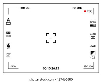 Modern digital video camera focusing screen with settings. White framed viewfinder camera recording. Vector illustration