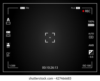 Modern digital video camera focusing screen with settings. Black framed gradient viewfinder camera recording. Vector illustration