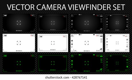 Modern digital video camera focusing screen with settings 12 in 1 pack. White, black and green viewfinders camera recording. Vector illustration