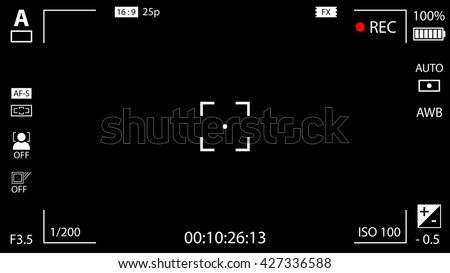 Modern digital video camera focusing screen with settings. Black viewfinder camera recording. Vector illustration