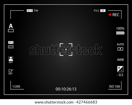Modern digital video camera focusing screen with settings. Black framed gradient viewfinder camera recording. Vector illustration