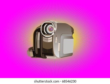 Modern digital video camera on a purple background