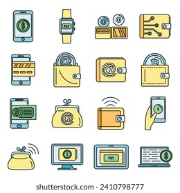 Modern digital wallet icons set. Outline set of modern digital wallet vector icons thin line color flat on white