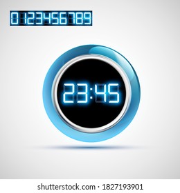 Modern digital watch dial timer with glowing neon numbers. Icon isolated on a white background. Vector illustration.