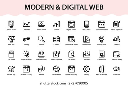 Modern digital web icons featuring browser tools, search, security, analytics, ecommerce, media, coding, settings and global connectivity symbols