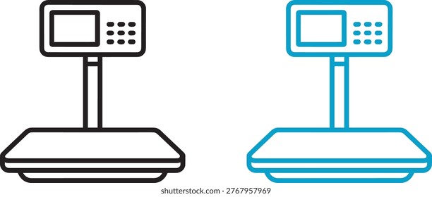 Modern digital weighing scale line icon featuring electronic balance device used in retail shops and markets for weight measurement. Clean outline vector symbol suitable for UI design, apps, web, POS systems, and commercial projects. Editable and scalable EPS format.