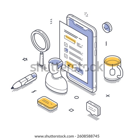 Modern digital workspace featuring a smartphone displaying a checklist, office supplies, and a person figurine. Bright colors enhance the isometric design. Vector illustration