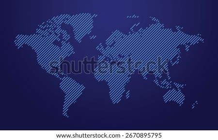 Modern digital world map illustration with diagonal blue lines on a dark gradient background, symbolizing global connectivity and technology editable vector.