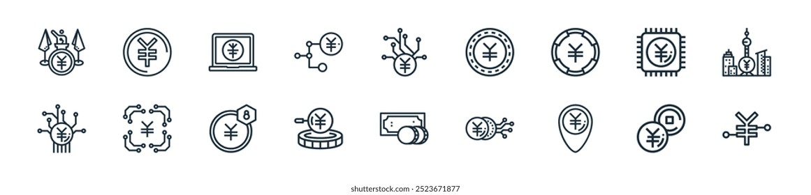 modern digital yuan icon pack. perfect for linear ui designs featuring vector money, money, location, digital, money, search, and more icons for mobile and web apps.