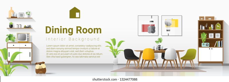 Modern dining room background with wooden furniture , plants and cute bulldog , vector , illustration