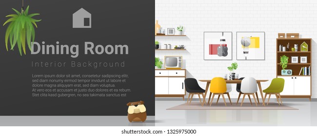 Modern dining room background with wooden furniture , plants , cute bulldog and black wall , vector , illustration