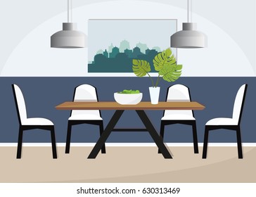 Modern dining room with a big picture, palm and lamps. Flat style vector illustration.