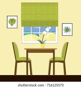 Modern dining room with a big window in green color. Flat style vector illustration.