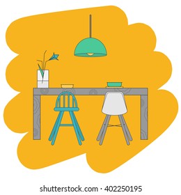 Modern dining room design concept. Modern interior apartment. Flat design, bright colors. Vector stock illustration
