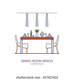 Modern dining room design made in style linear vector. Concept of modern interior apartment with utensils, furniture and interior decor. Can be used for website banners and promotional materials.
