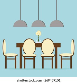 Modern dining room interior design with table, chairs and lamps. Flat style vector illustration. 