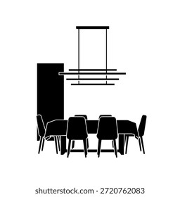 Moderne Speisesaal Interieur mit langen Tischtühlen und minimalistischen Kronleuchter Silhouette Vektorgrafik für Wohnkultur