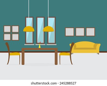 Modern dining room interior with sofa