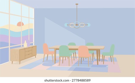 Modern dining room set with chairs around a table and hanging light fixture