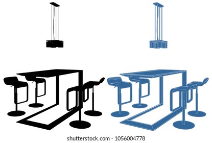 Modern Dining Room Table Vector. Dining table with four chair and a chandelier above, isolated on white background.