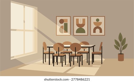 Modern dining set with chairs in a cozy room with framed abstract art and potted plant