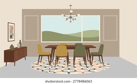 Modern dining set with four chairs in cozy home dining room with abstract wall art