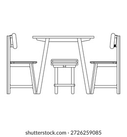 Moderno juego de comedor con vista lateral con cuatro sillas y dos taburetes, con asientos mixtos, líneas limpias y proporciones equilibradas para interiores de comedor flexibles.