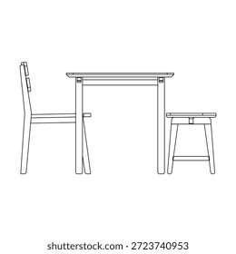 Moderno juego de comedor con dos sillas y un banco, con asientos mixtos, líneas limpias y proporciones equilibradas para interiores de comedor flexibles y minimalistas.