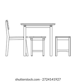 Moderno juego de comedor con dos sillas, un banco y dos taburetes, con asientos mixtos, líneas limpias y proporciones equilibradas para interiores flexibles del comedor.