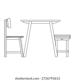 Moderno juego de comedor con dos sillas y dos taburetes, con asientos mixtos, líneas limpias y proporciones equilibradas para interiores de comedor flexibles y minimalistas.
