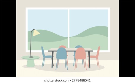 Modern dining setup with colorful chairs by large windows showing green hills outside