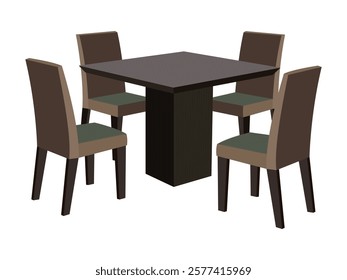 Modern dining table set with four chairs in a sleek wooden design for home or restaurant interiors