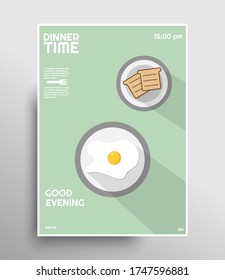 Modern dinner illustration with omelet and bread,  designed in A4 format for posters, brochures, flyers etc. Fork flat illustration and yolk. Food cover design. Eps 10 vector