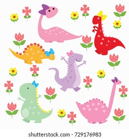 Modern dinosaur wallpaper design. Isolated cute dinosaur, stegosaurus and t-rex with flowers. Cute and funny dinosaur wallpaper series.