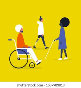 Modern disabled people. Indian man sitting in a wheelchair. Caucasian woman with a prosthetic lower limb. Black female sightless character wearing dark shades and holding a cane.