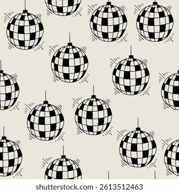 Modern Disco ball seamless pattern. Dance mirror party ball background. Vector sketch wallpaper