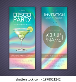 Modern disco cocktail party poster with holographic fluid background. Invitation design. Vector illustration