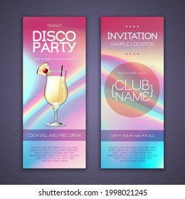 Modern disco cocktail party poster with holographic fluid background. Invitation design. Vector illustration