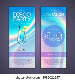 Modern disco cocktail party poster with holographic fluid background. Invitation design. Vector illustration