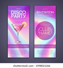 Modern disco cocktail party poster with holographic fluid background. Invitation design. Vector illustration