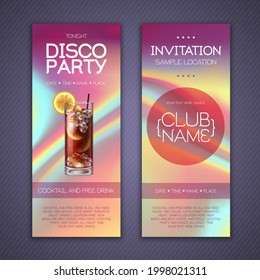 Modern disco cocktail party poster with holographic fluid background. Invitation design. Vector illustration