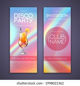 Modern disco cocktail party poster with holographic fluid background. Invitation design. Vector illustration