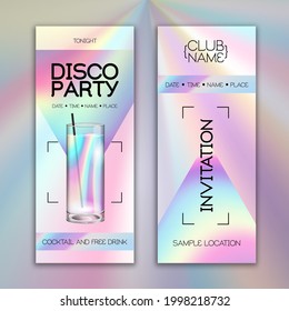 Modern disco cocktail party poster with holographic fluid background. Invitation design. Vector illustration
