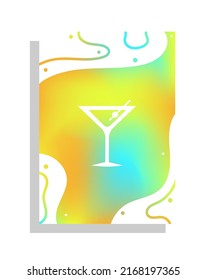 Modern disco cocktail party poster with holographic fluid background. Invitation design. Summer poster with martini glass and abstract waves. Abstract gradient banner